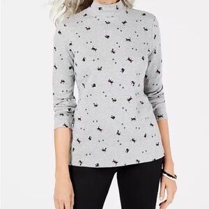 Karen Scott Womens 2X Grey Heather Cat Printed Long Sleeve Mock Neck Top